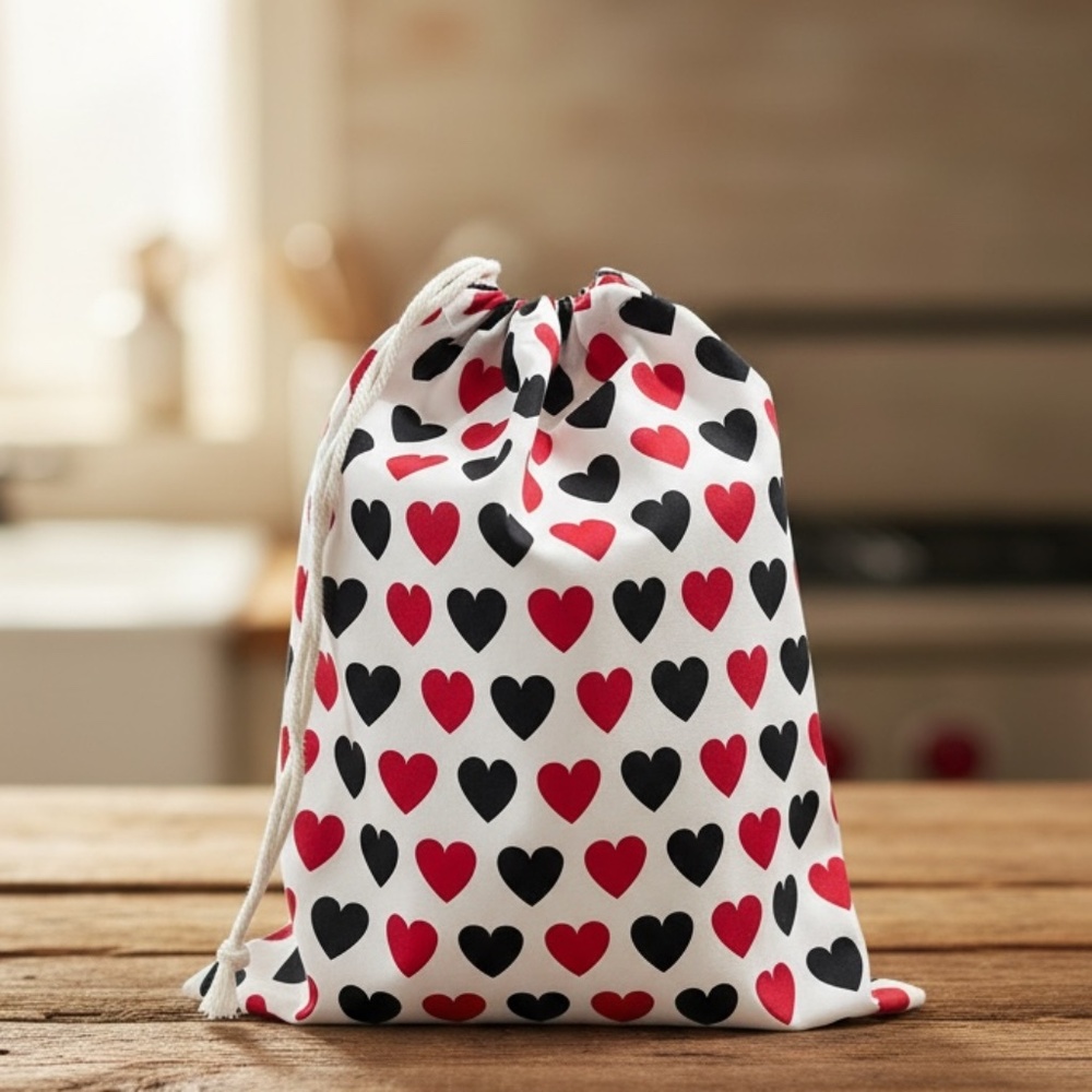 Valentine Red & Black Heart Cotton Bread Bag, Handmade Reusable Bread Storage